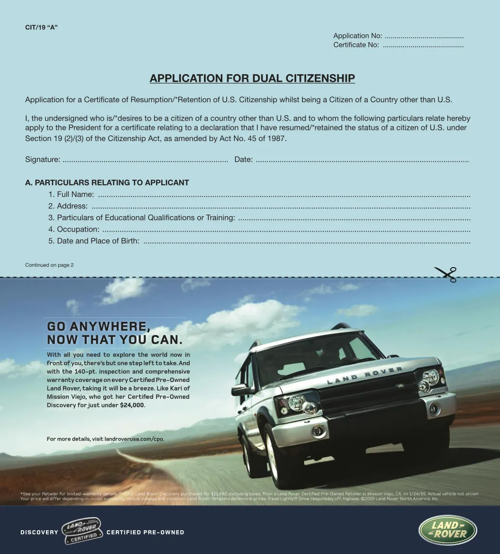 Land Rover CPO Dual Citizen Form